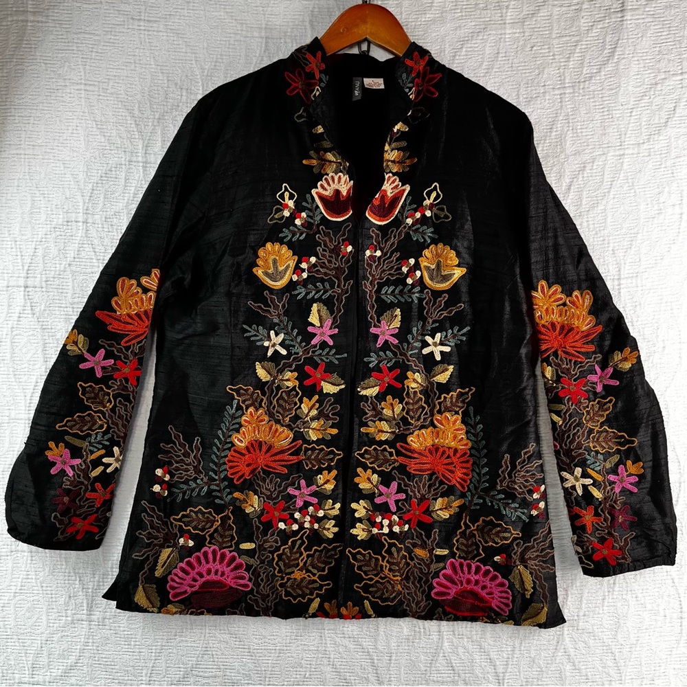 Anu 100% Silk Embroidered Floral Open Front Jacket Womens L Black Lined Cardigan